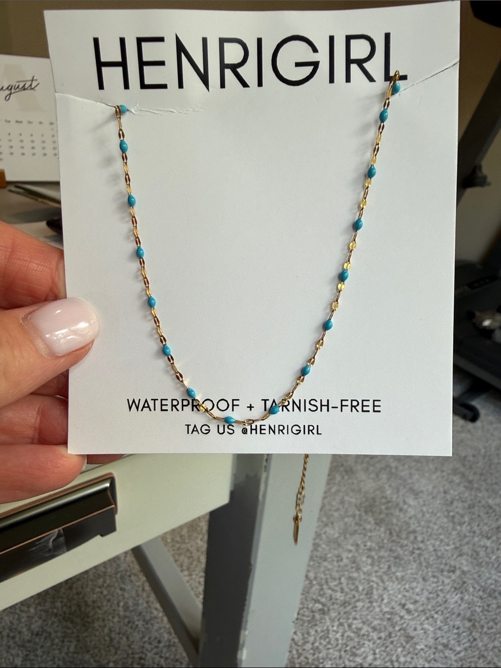 Henrigirl Gold Chain Necklace with Turquoise Beads. Waterproof.